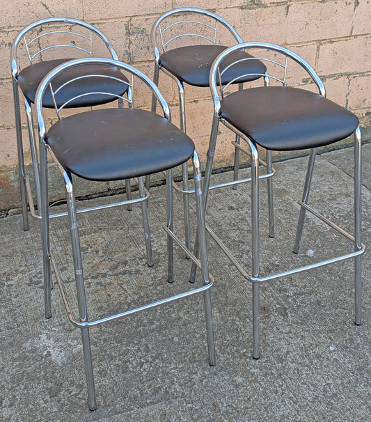 Set of 4 Vintage Old Reclaimed Salvaged Stackable Stacking Modern Chrome Counter Bar Dining Chairs Seat Stool Vinyl Upholstery Fabric