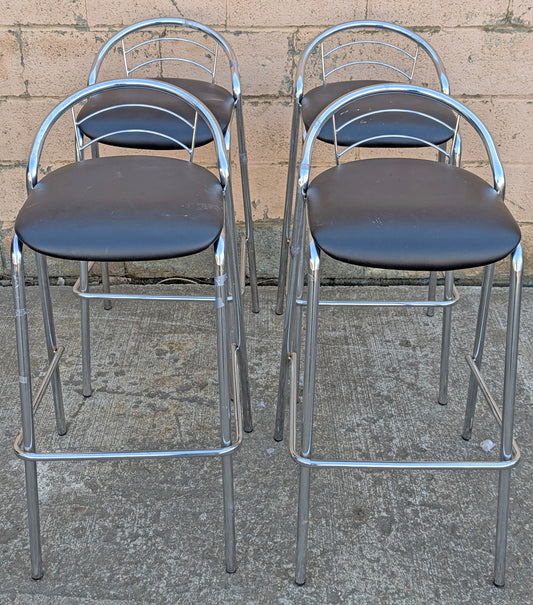 Set of 4 Vintage Old Reclaimed Salvaged Stackable Stacking Modern Chrome Counter Bar Dining Chairs Seat Stool Vinyl Upholstery Fabric