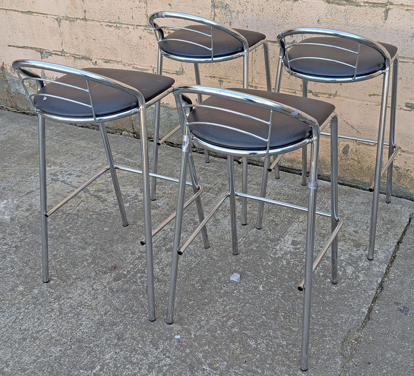 Set of 4 Vintage Old Reclaimed Salvaged Stackable Stacking Modern Chrome Counter Bar Dining Chairs Seat Stool Vinyl Upholstery Fabric