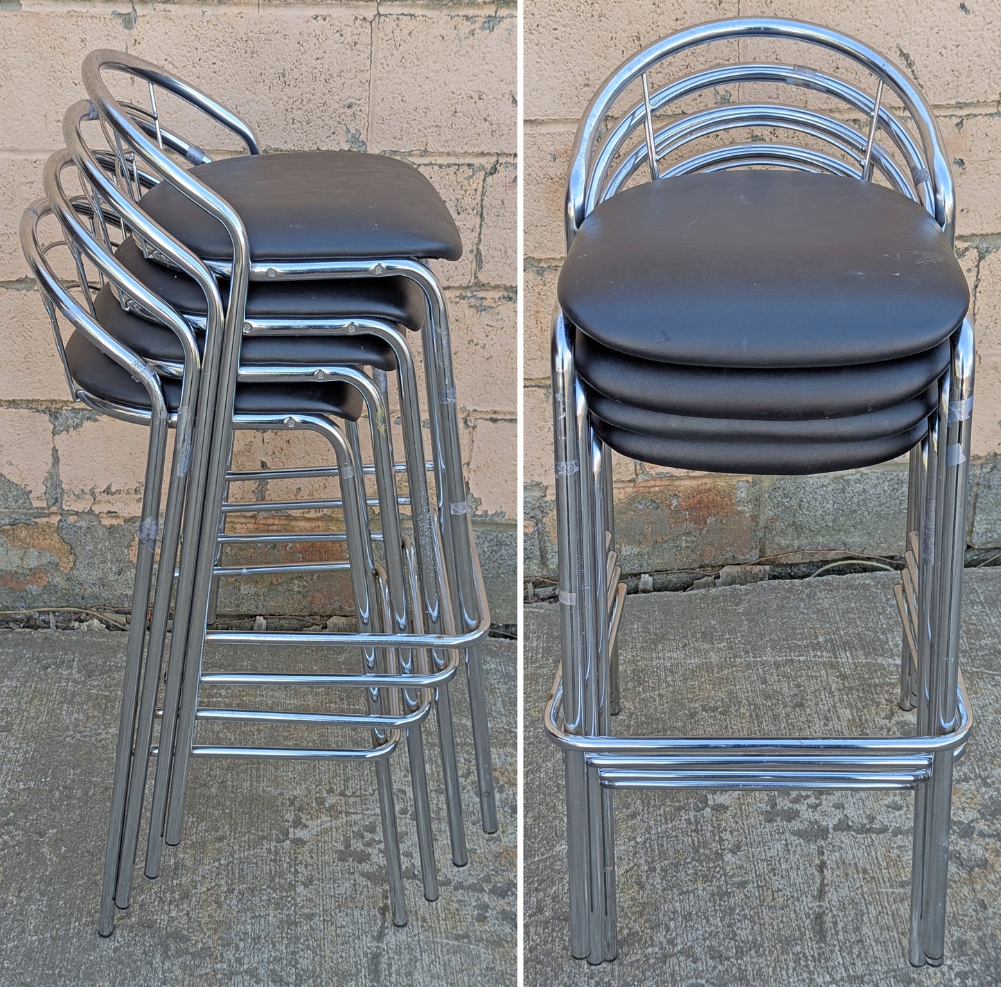 Set of 4 Vintage Old Reclaimed Salvaged Stackable Stacking Modern Chrome Counter Bar Dining Chairs Seat Stool Vinyl Upholstery Fabric