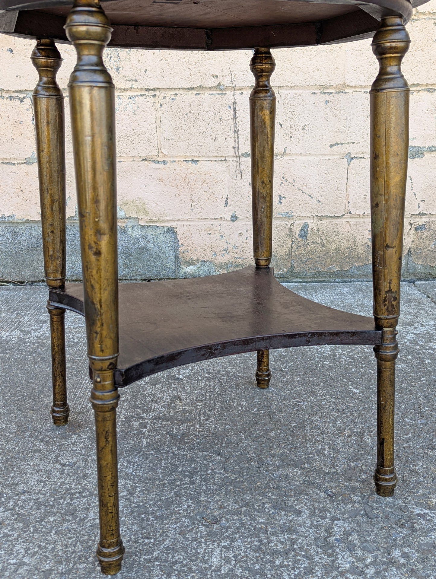 Antique Vintage Old Reclaimed Salvaged Distressed French Empire Style Mahogany Wood Wooden Brass Metal Gueirdon Circular Side Foyer Accent End Hall Table