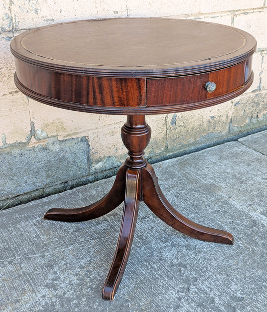 28" Diameter Antique Vintage Old Reclaimed Salvaged Colonial Drum SOLID Mahogany Wood Wooden Leather Top End Side Accent Lamp Stand Table