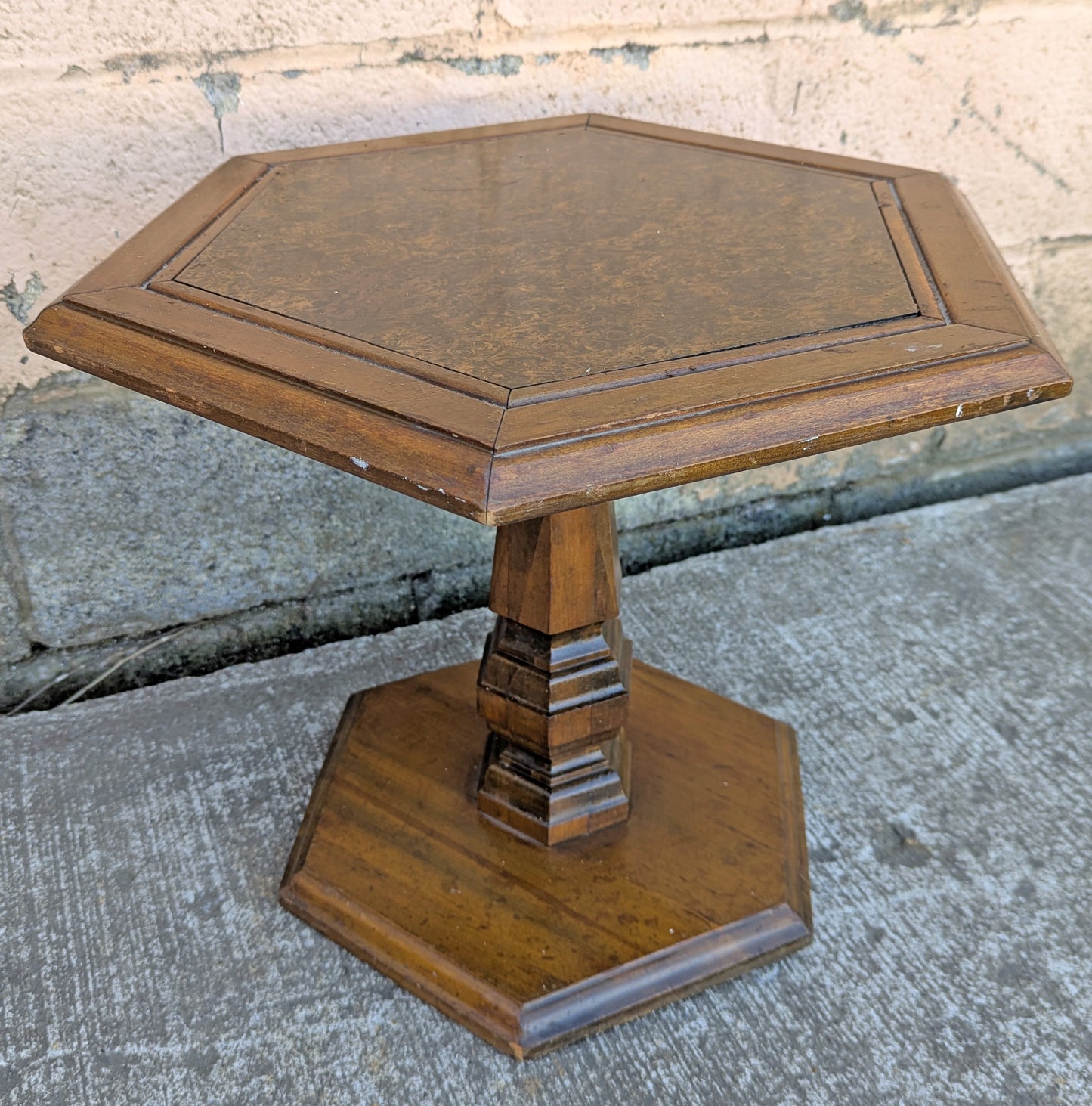 Vintage Antique Old Reclaimed Salvaged Mersman Solid Wood Wooden Hexagon Hexagonal Pedestal Lamp End Side Accent Table Plant Stand