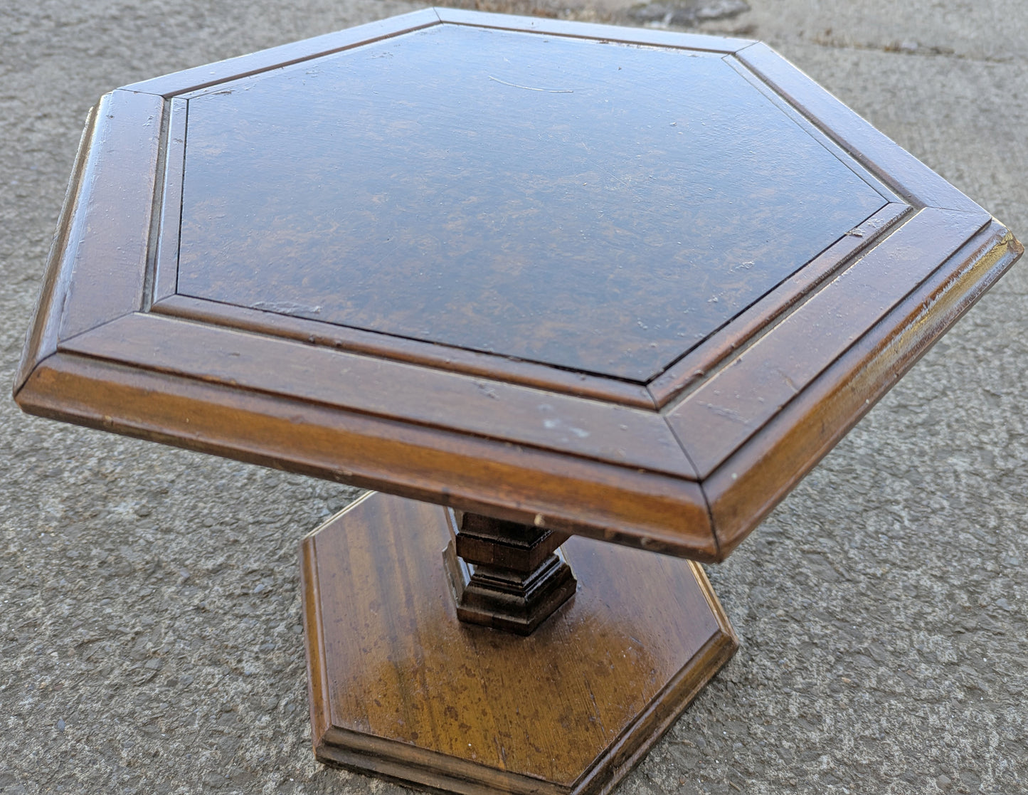 Vintage Antique Old Reclaimed Salvaged Mersman Solid Wood Wooden Hexagon Hexagonal Pedestal Lamp End Side Accent Table Plant Stand
