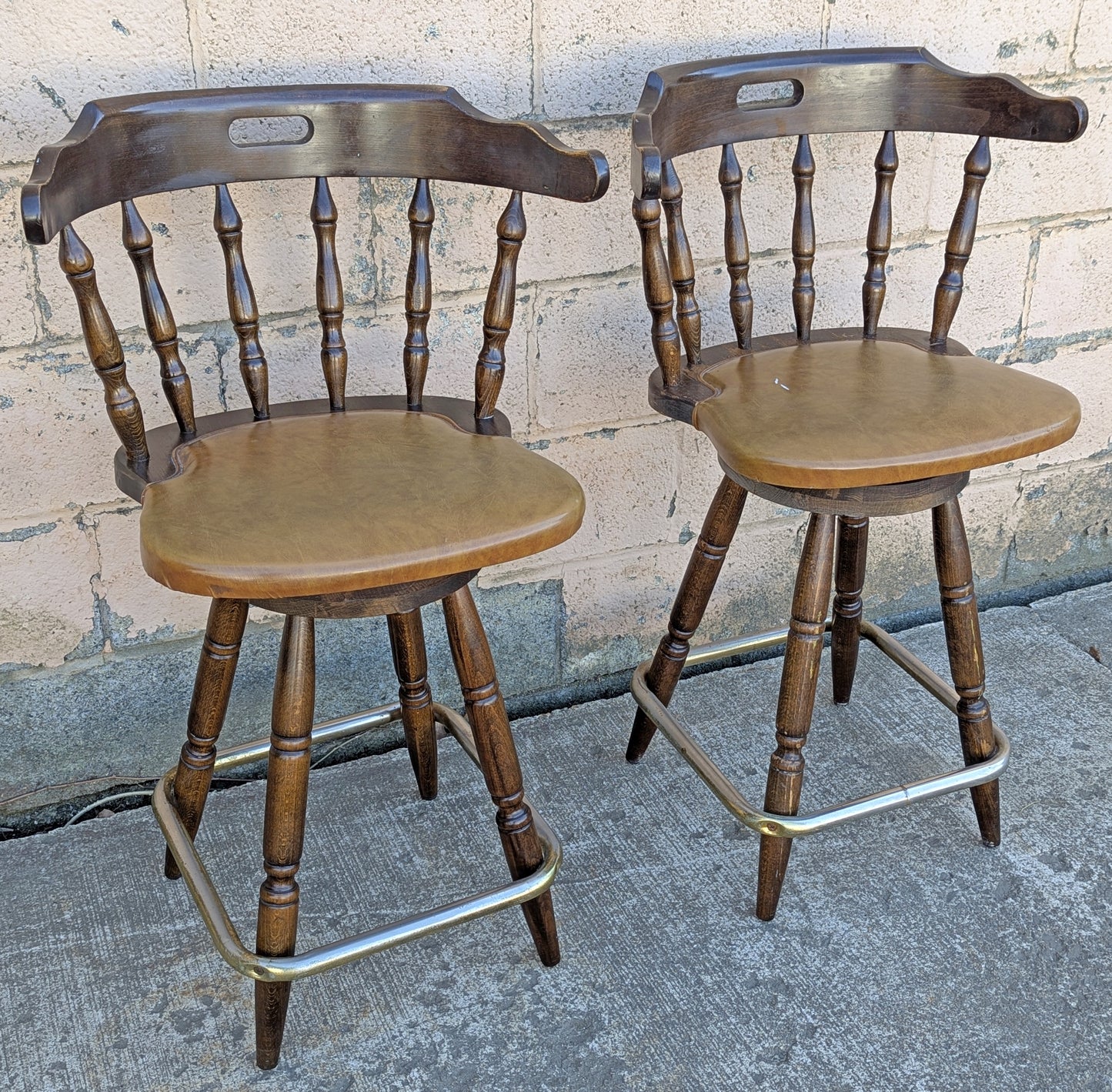 Pair of Vintage Old Reclaimed Salvaged Tall High Upholstered Vinyl SOLID Wood Wooden Side Bar Stool Dining Chair Seat Backrest Tavern