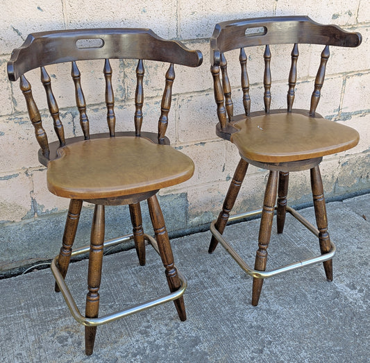 Pair of Vintage Old Reclaimed Salvaged Tall High Upholstered Vinyl SOLID Wood Wooden Side Bar Stool Dining Chair Seat Backrest Tavern