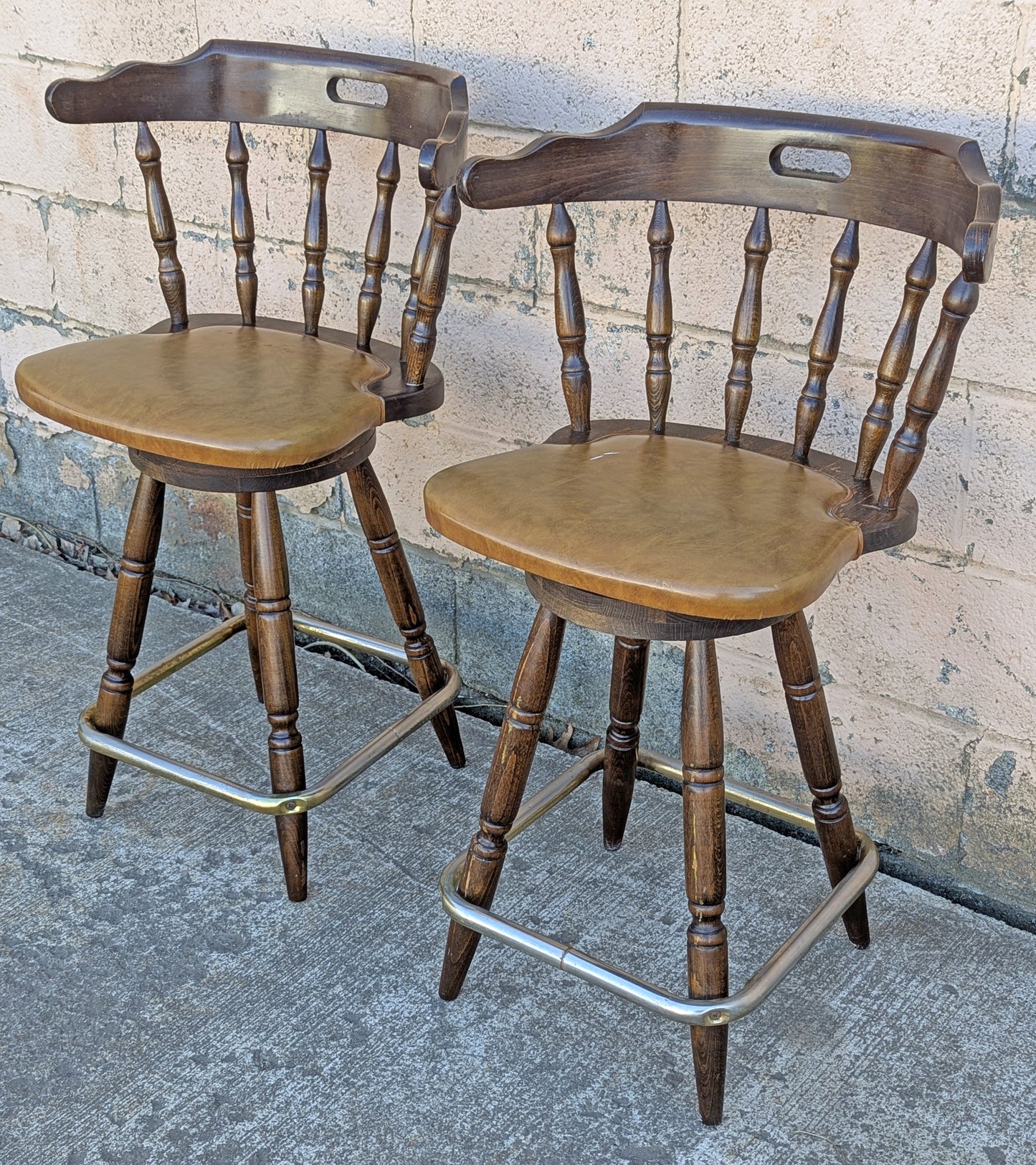 Pair of Vintage Old Reclaimed Salvaged Tall High Upholstered Vinyl SOLID Wood Wooden Side Bar Stool Dining Chair Seat Backrest Tavern
