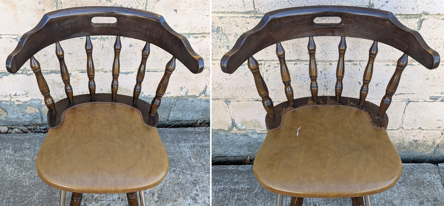 Pair of Vintage Old Reclaimed Salvaged Tall High Upholstered Vinyl SOLID Wood Wooden Side Bar Stool Dining Chair Seat Backrest Tavern