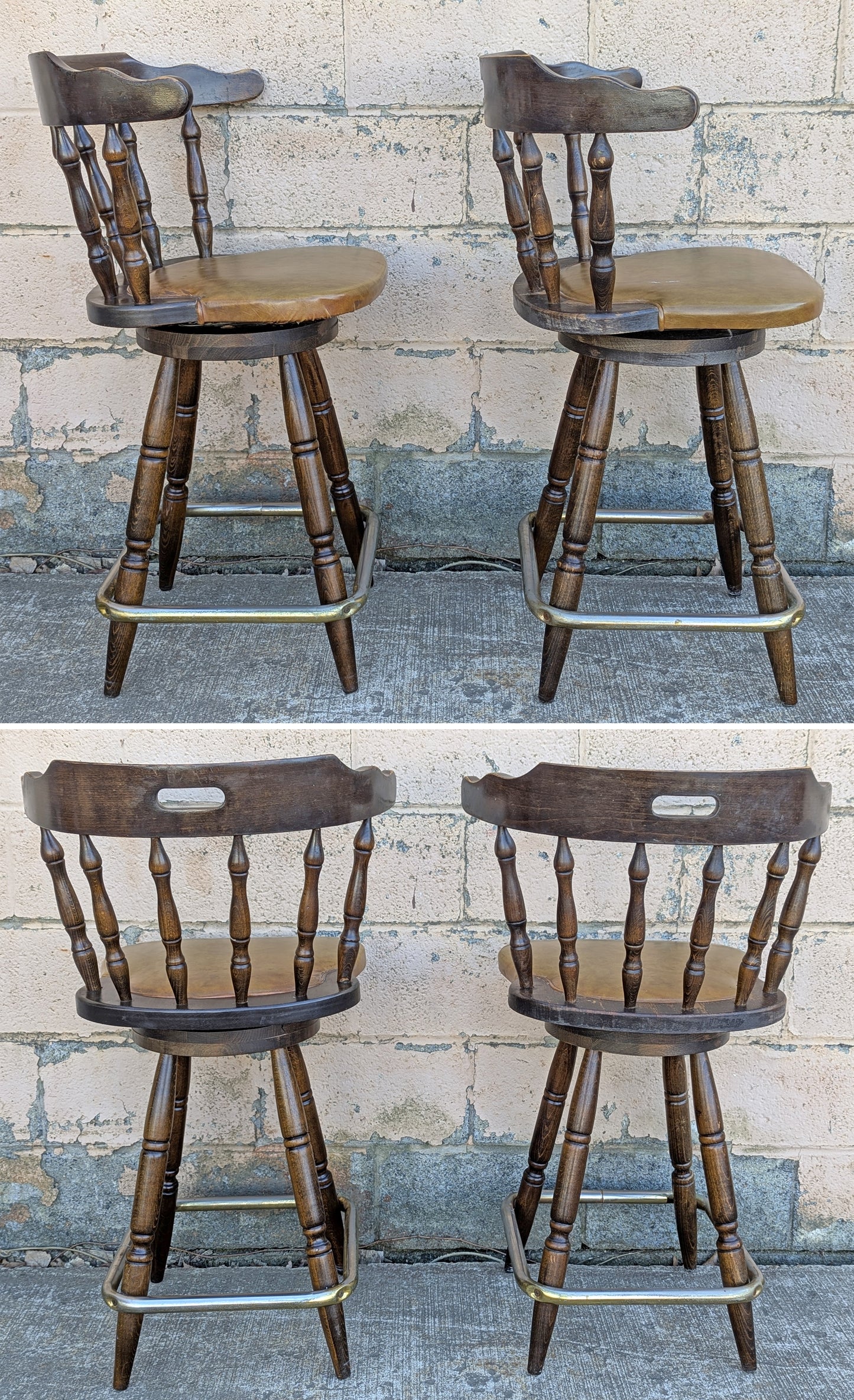 Pair of Vintage Old Reclaimed Salvaged Tall High Upholstered Vinyl SOLID Wood Wooden Side Bar Stool Dining Chair Seat Backrest Tavern