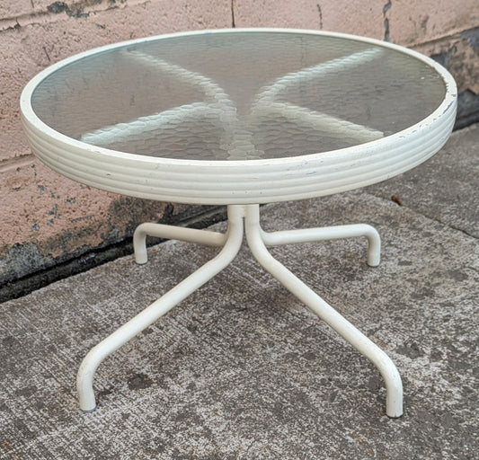 Vintage Old Reclaimed Salvaged White Painted Metal Steel Patio Garden Sunroom Porch Exterior Accent Side End Table Round Textured Glass Top