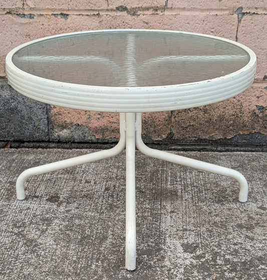 Vintage Old Reclaimed Salvaged White Painted Metal Steel Patio Garden Sunroom Porch Exterior Accent Side End Table Round Textured Glass Top