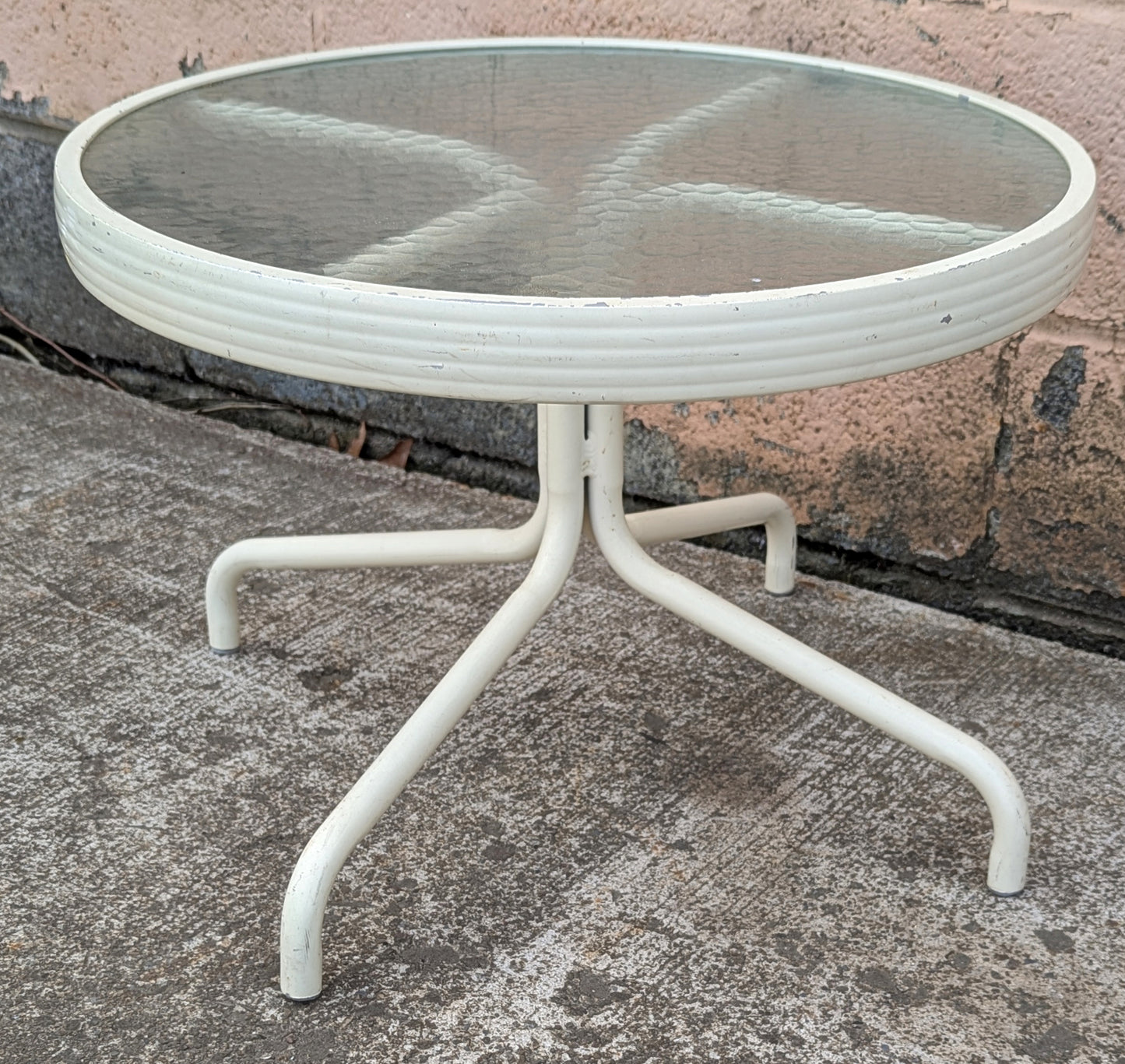 Vintage Old Reclaimed Salvaged White Painted Metal Steel Patio Garden Sunroom Porch Exterior Accent Side End Table Round Textured Glass Top