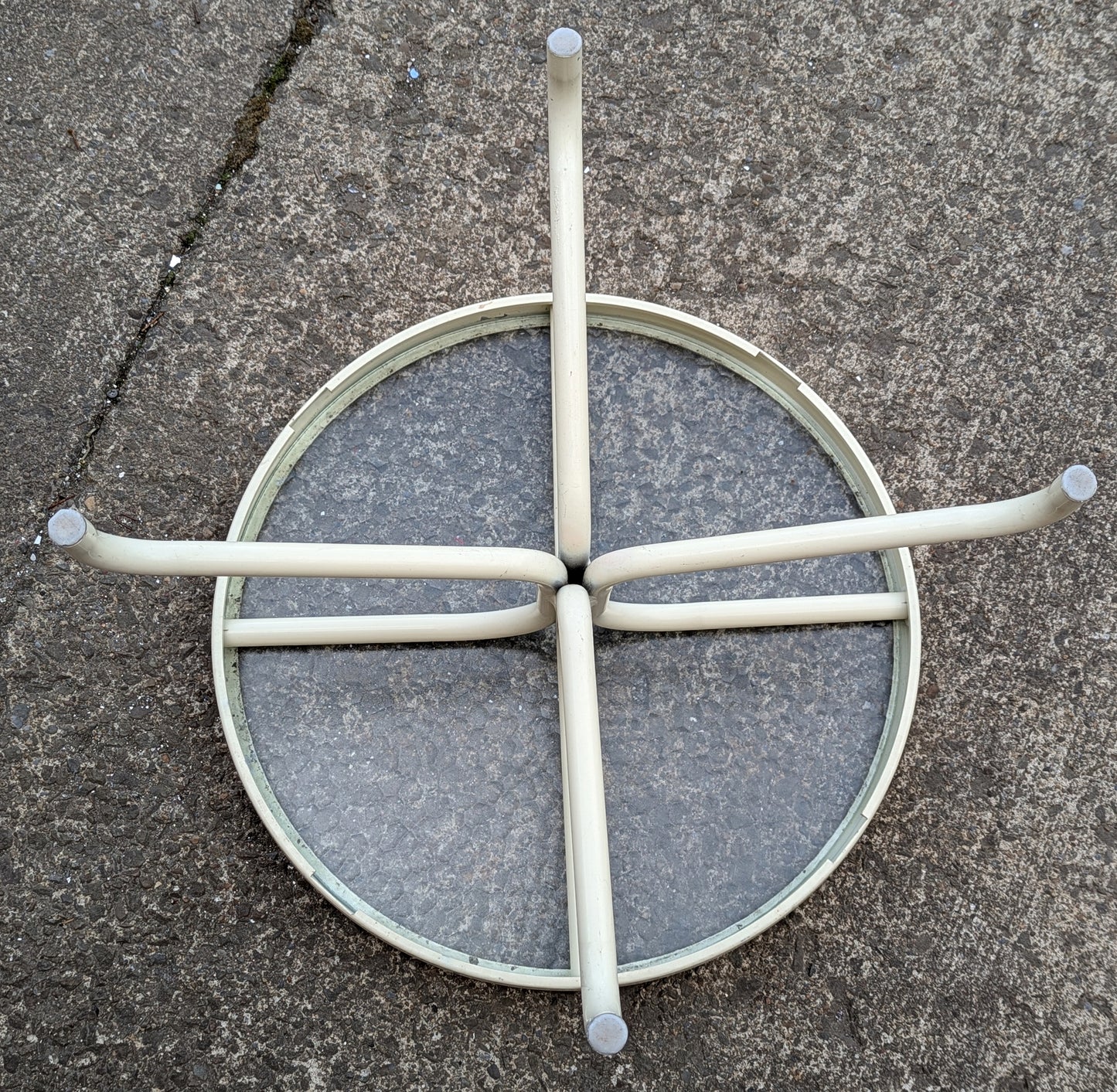 Vintage Old Reclaimed Salvaged White Painted Metal Steel Patio Garden Sunroom Porch Exterior Accent Side End Table Round Textured Glass Top