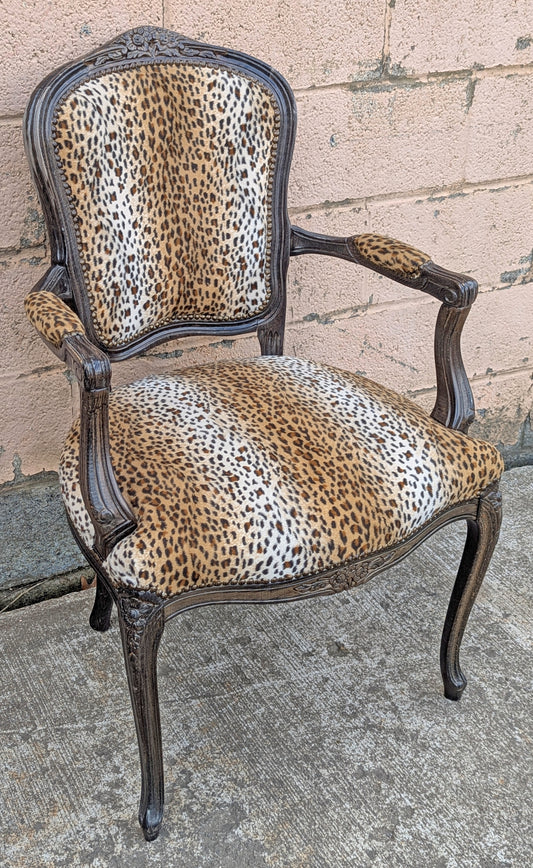 Vintage Antique Old Carved Decorative Reclaimed Salvaged Solid Wood Wooden Cat Cheetah Leopard Fabric Upholstery Upholstered Lounge Dining Arm Chair Bergerie
