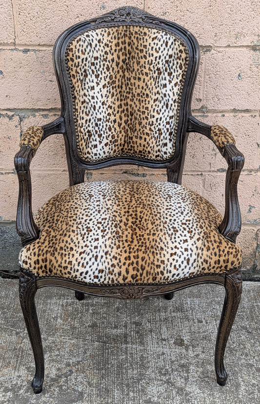 Vintage Antique Old Carved Decorative Reclaimed Salvaged Solid Wood Wooden Cat Cheetah Leopard Fabric Upholstery Upholstered Lounge Dining Arm Chair Bergerie