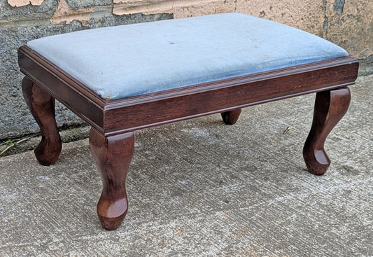 Vintage Antique Old Reclaimed Salvaged Bombay Company SOLID Wood Wooden Kneeling Bench Foot Stool Ottoman Stand Seat Blue Fabric