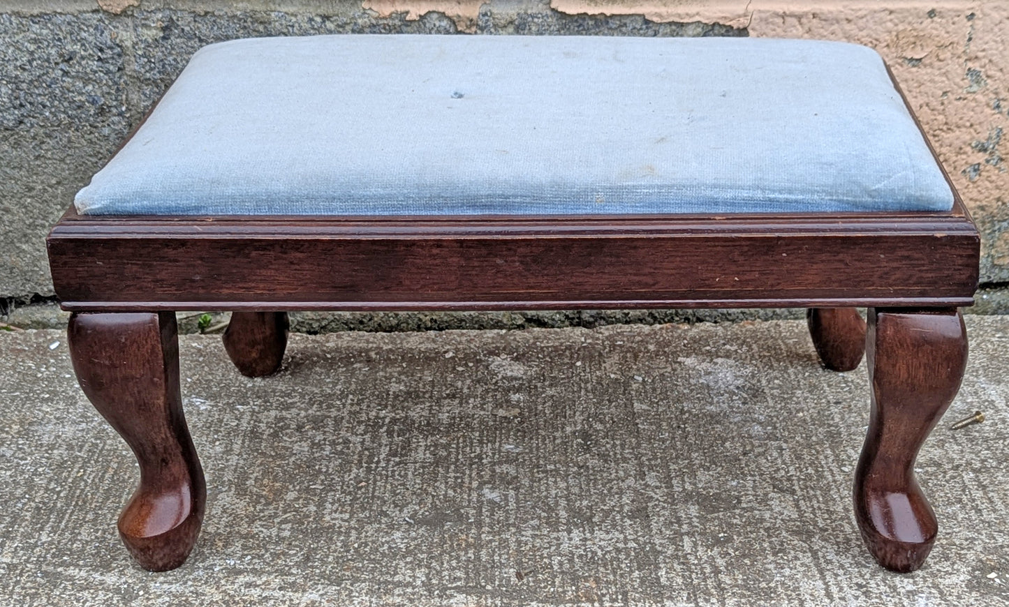 Vintage Antique Old Reclaimed Salvaged Bombay Company SOLID Wood Wooden Kneeling Bench Foot Stool Ottoman Stand Seat Blue Fabric