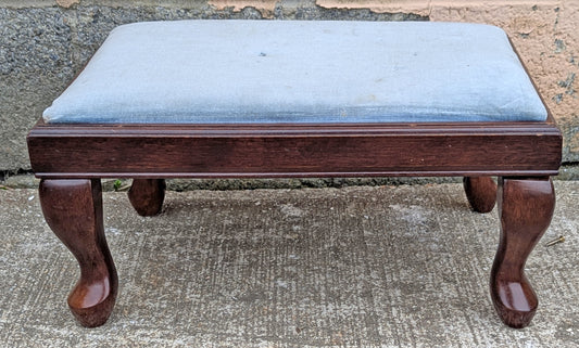 Vintage Antique Old Reclaimed Salvaged Bombay Company SOLID Wood Wooden Kneeling Bench Foot Stool Ottoman Stand Seat Blue Fabric