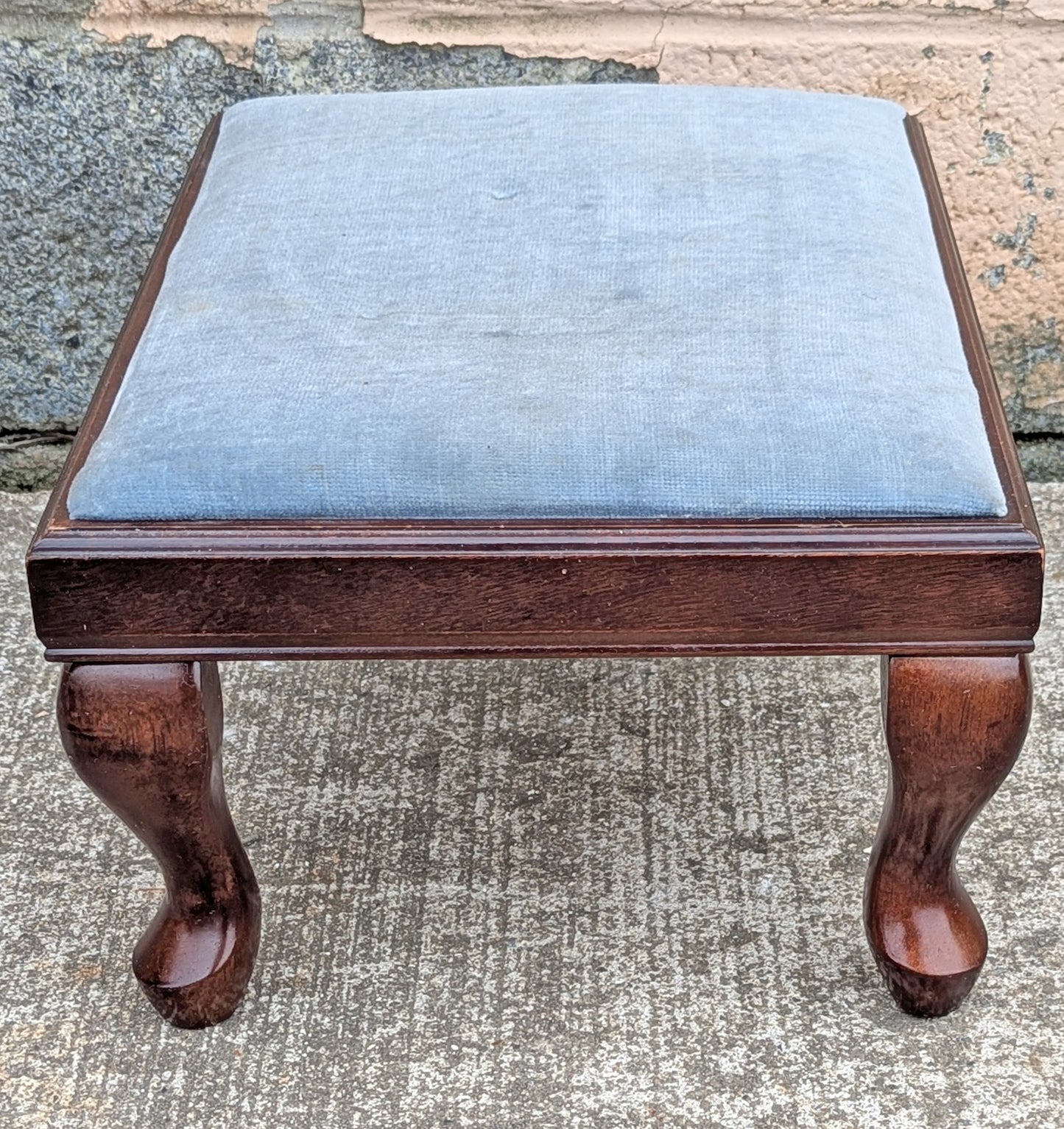 Vintage Antique Old Reclaimed Salvaged Bombay Company SOLID Wood Wooden Kneeling Bench Foot Stool Ottoman Stand Seat Blue Fabric