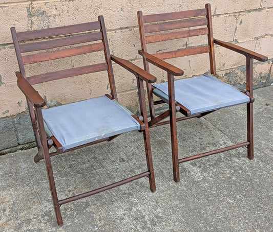Pair Vintage Antique Reclaimed Salvaged Mid-Century Modern Folding Foldable Wood Wooden Pool Studio Patio Portable Lawn Chairs Fabric Seat