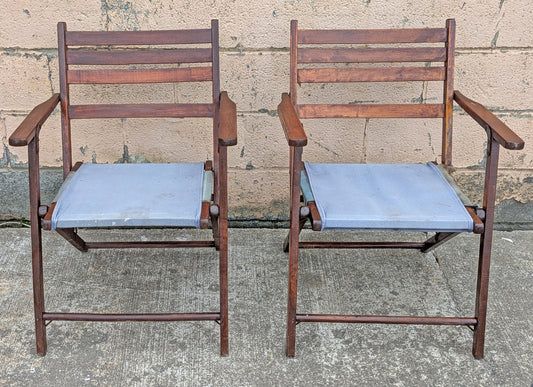 Pair Vintage Antique Reclaimed Salvaged Mid-Century Modern Folding Foldable Wood Wooden Pool Studio Patio Portable Lawn Chairs Fabric Seat
