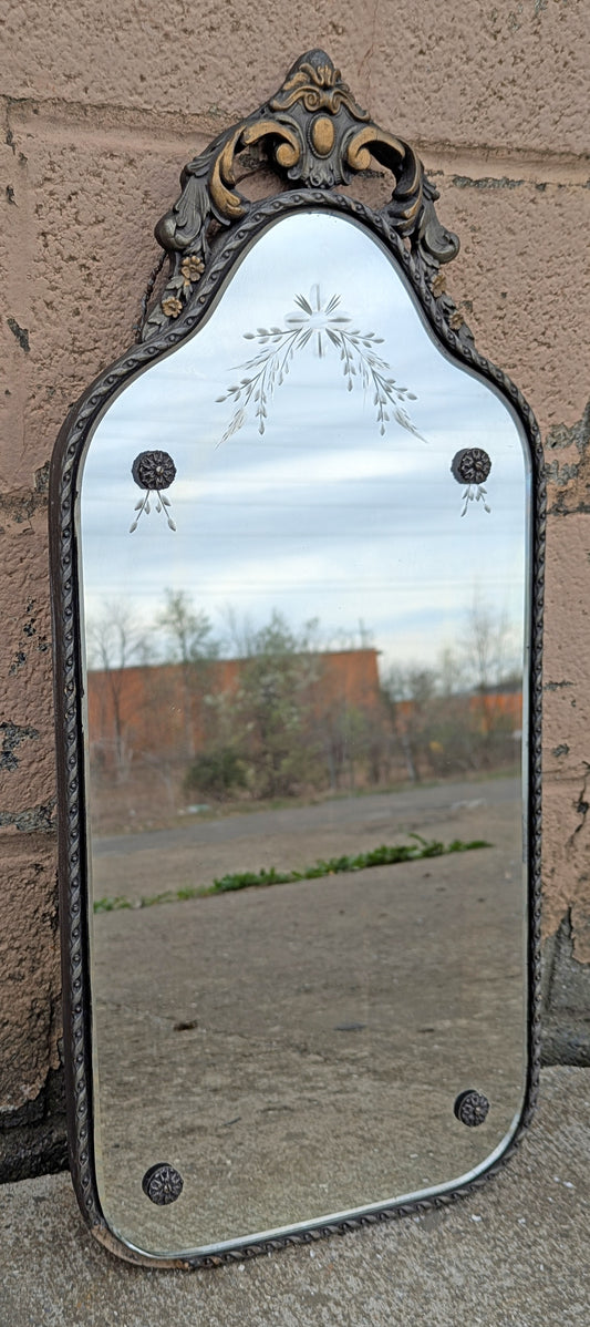 13"x28" Antique Vintage Old Reclaimed Salvaged Victorian Style SOLID Wood Wooden Hanging Wall Distressed Mirror Textured Glass Etched Ornate Decorative