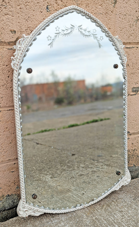 20.5"x31" Antique Vintage Old Reclaimed Salvaged Victorian Wood Wooden Hanging Wall Distressed Mirror Textured Glass Etched Ornate Decorative