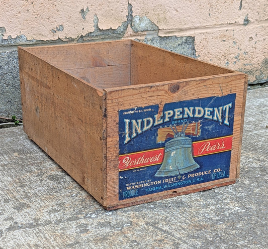 Antique Vintage Old Primitive Wood Wooden "Independent Fruit Brand" Pear Produce Box Crate Container Bin Storage Decor Mantle Shelf Decoration