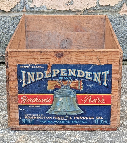 Antique Vintage Old Primitive Wood Wooden "Independent Fruit Brand" Pear Produce Box Crate Container Bin Storage Decor Mantle Shelf Decoration