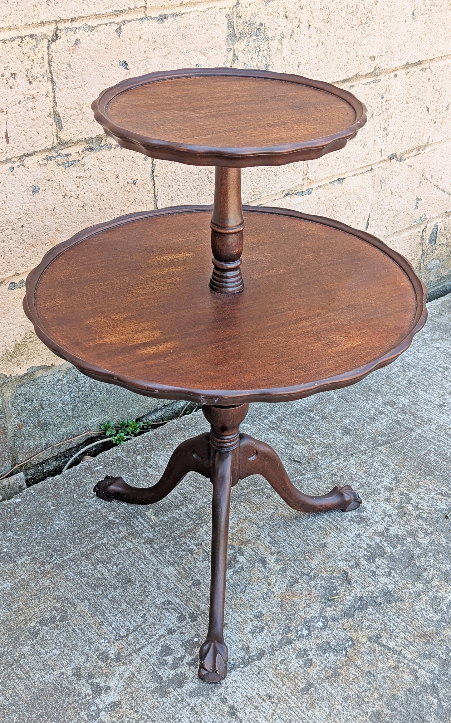 Antique Vintage Old Reclaimed Salvaged SOLID Mahogany Wood Wooden 2 Tier Pie Crust Butler Dumbwaiter End Side Hall Dining Table Food Stand