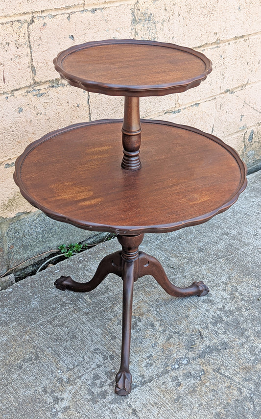 Antique Vintage Old Reclaimed Salvaged SOLID Mahogany Wood Wooden 2 Tier Pie Crust Butler Dumbwaiter End Side Hall Dining Table Food Stand