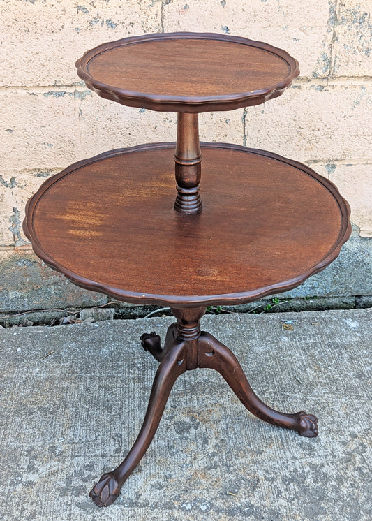 Antique Vintage Old Reclaimed Salvaged SOLID Mahogany Wood Wooden 2 Tier Pie Crust Butler Dumbwaiter End Side Hall Dining Table Food Stand