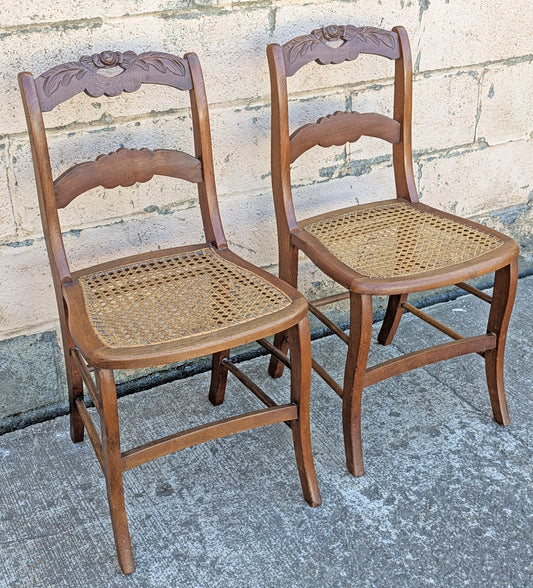 Pair of Vintage Antique Old Reclaimed Salvaged SOLID Mahogany Wood Wooden Side Dining Accent Chair Caned Seats Backrests