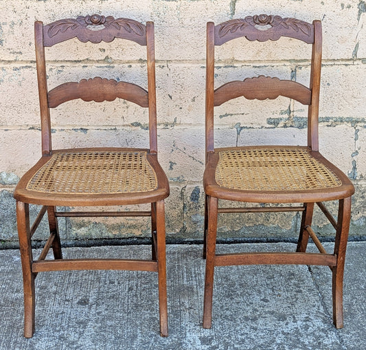 Pair of Vintage Antique Old Reclaimed Salvaged SOLID Mahogany Wood Wooden Side Dining Accent Chair Caned Seats Backrests