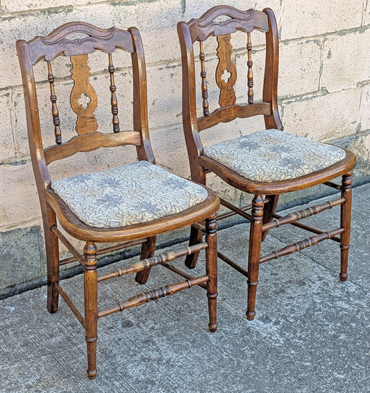 Pair Vintage Antique Old Reclaimed Salvaged SOLID Walnut Wood Wooden Side Dining Accent Chairs Nature Floral Fabric Upholstered Seat