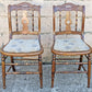 Pair Vintage Antique Old Reclaimed Salvaged SOLID Walnut Wood Wooden Side Dining Accent Chairs Nature Floral Fabric Upholstered Seat