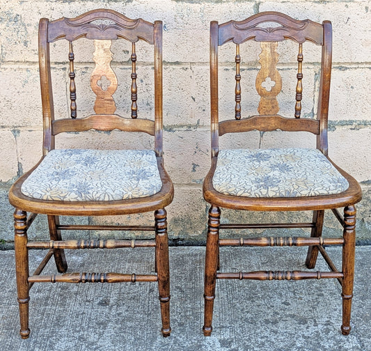 Pair Vintage Antique Old Reclaimed Salvaged SOLID Walnut Wood Wooden Side Dining Accent Chairs Nature Floral Fabric Upholstered Seat