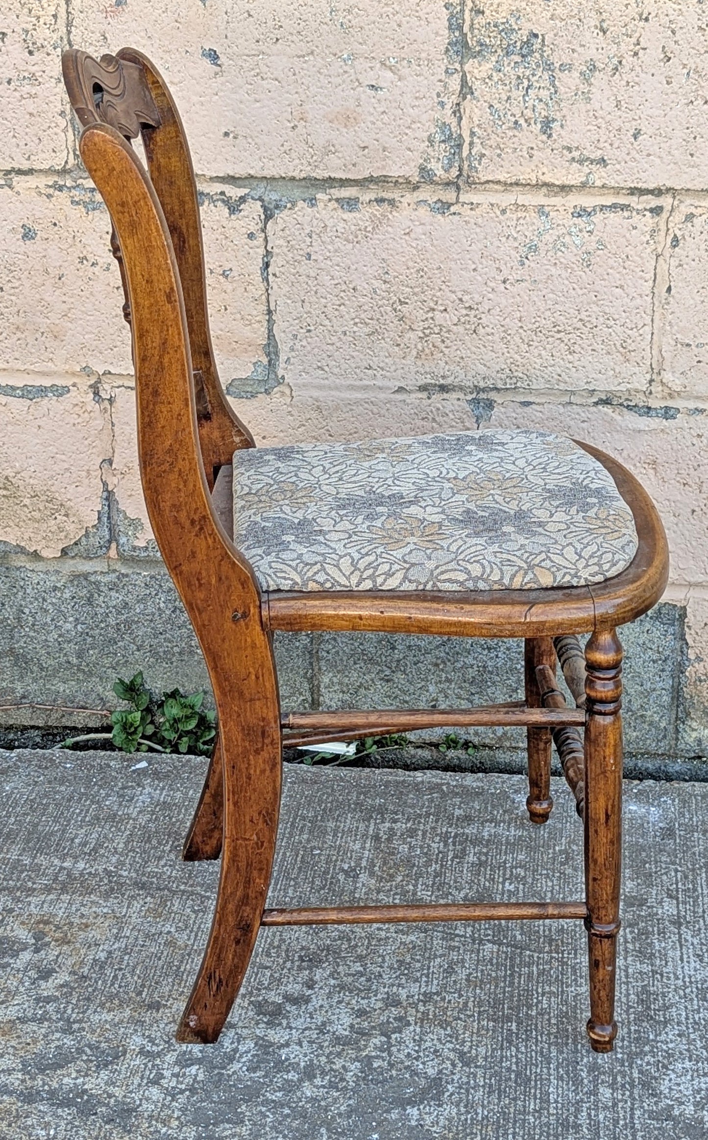 Pair Vintage Antique Old Reclaimed Salvaged SOLID Walnut Wood Wooden Side Dining Accent Chairs Nature Floral Fabric Upholstered Seat