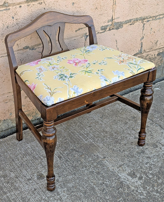 Vintage Antique Old Victorian Style Reclaimed Salvaged SOLID Wood Wooden Carved Bench Chair Stool Yellow Floral Flower Plant Fabric Seat