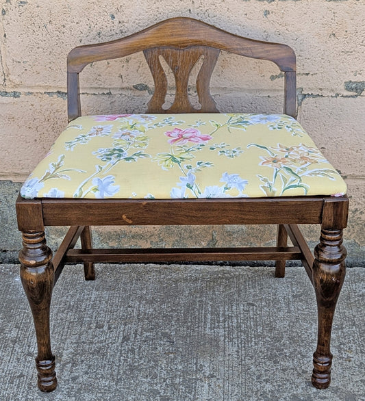 Vintage Antique Old Victorian Style Reclaimed Salvaged SOLID Wood Wooden Carved Bench Chair Stool Yellow Floral Flower Plant Fabric Seat