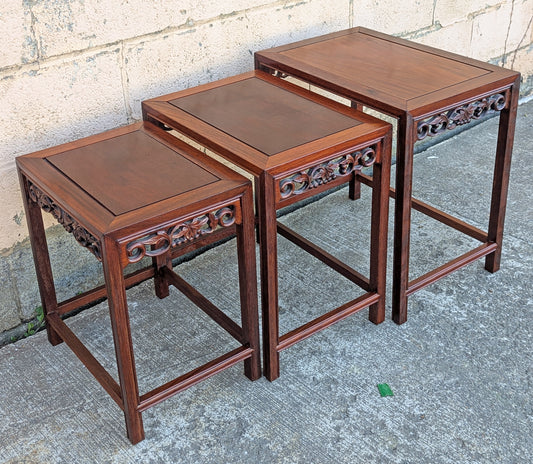 Set of Small Vintage Antique Old Solid Mahogany Wood Wooden Carved Serpentine Square Nesting Nested Stacked Stand Side Accent Tables