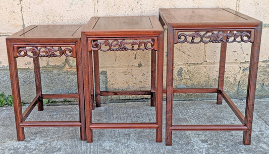 Set of Small Vintage Antique Old Solid Mahogany Wood Wooden Carved Serpentine Square Nesting Nested Stacked Stand Side Accent Tables