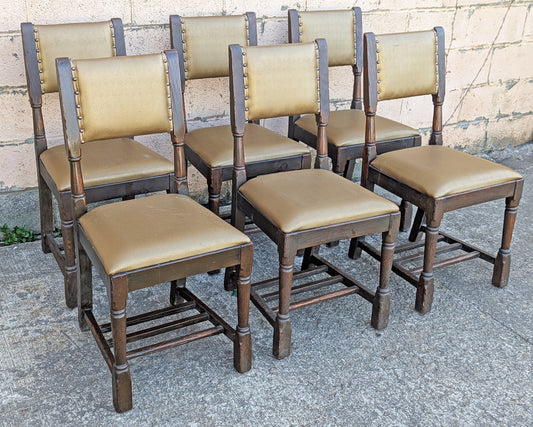 Set of 6 Antique Vintage Old "M.Reischman & Sons" SOLID Oak Wood Wooden Dining Room Chair Fabric Seat Upholstery Upholstered