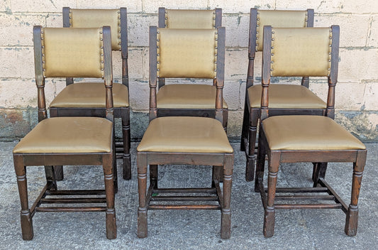 Set of 6 Antique Vintage Old "M.Reischman & Sons" SOLID Oak Wood Wooden Dining Room Chair Fabric Seat Upholstery Upholstered