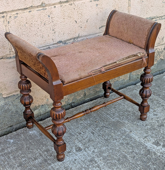 Antique Vintage Old Reclaimed Salvaged Thomasville Victorian Carved SOLID Wood Wooden Arm Bench Settee Chair Stool Lounge Fabric Seat