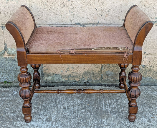 Antique Vintage Old Reclaimed Salvaged Thomasville Victorian Carved SOLID Wood Wooden Arm Bench Settee Chair Stool Lounge Fabric Seat