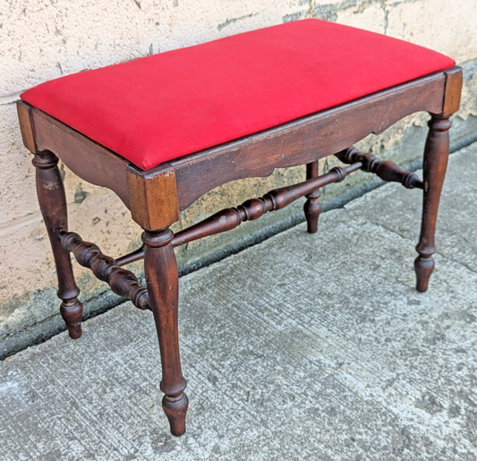 Antique Vintage Old Victorian SOLID Wood Wooden Piano Kneeling Bench Foot Stool Ottoman Plant Stand Red Fabric