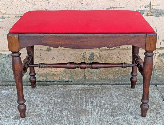 Antique Vintage Old Victorian SOLID Wood Wooden Piano Kneeling Bench Foot Stool Ottoman Plant Stand Red Fabric
