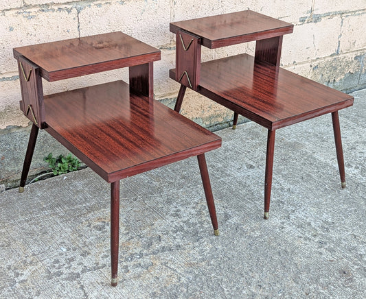 Pair of Vintage Antique Old Mid Century Atomic Era SOLID Wooden Wood & Formica Wooden 2 Tier End Side Accent Lamp Tables Night Stand Shelf