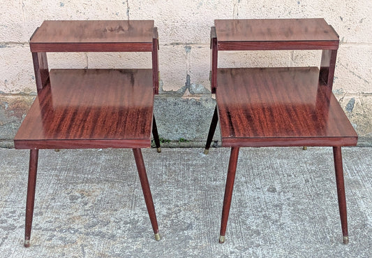 Pair of Vintage Antique Old Mid Century Atomic Era SOLID Wooden Wood & Formica Wooden 2 Tier End Side Accent Lamp Tables Night Stand Shelf